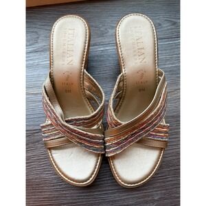 Italian Shoemakers Gold Metallic Multi-Color Woven‎ Wedge Sandals 9M